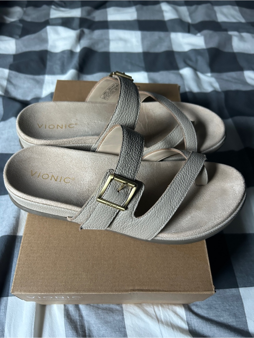 Vionic Women's Taupe Slide Sandals with Buckle Wide 9
